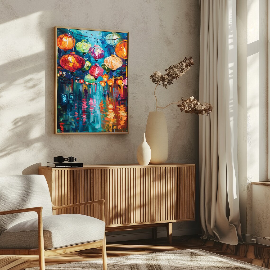 Colorful Asian Paper Lantern Festival Night Oil Painting Glow Poster - Image 5