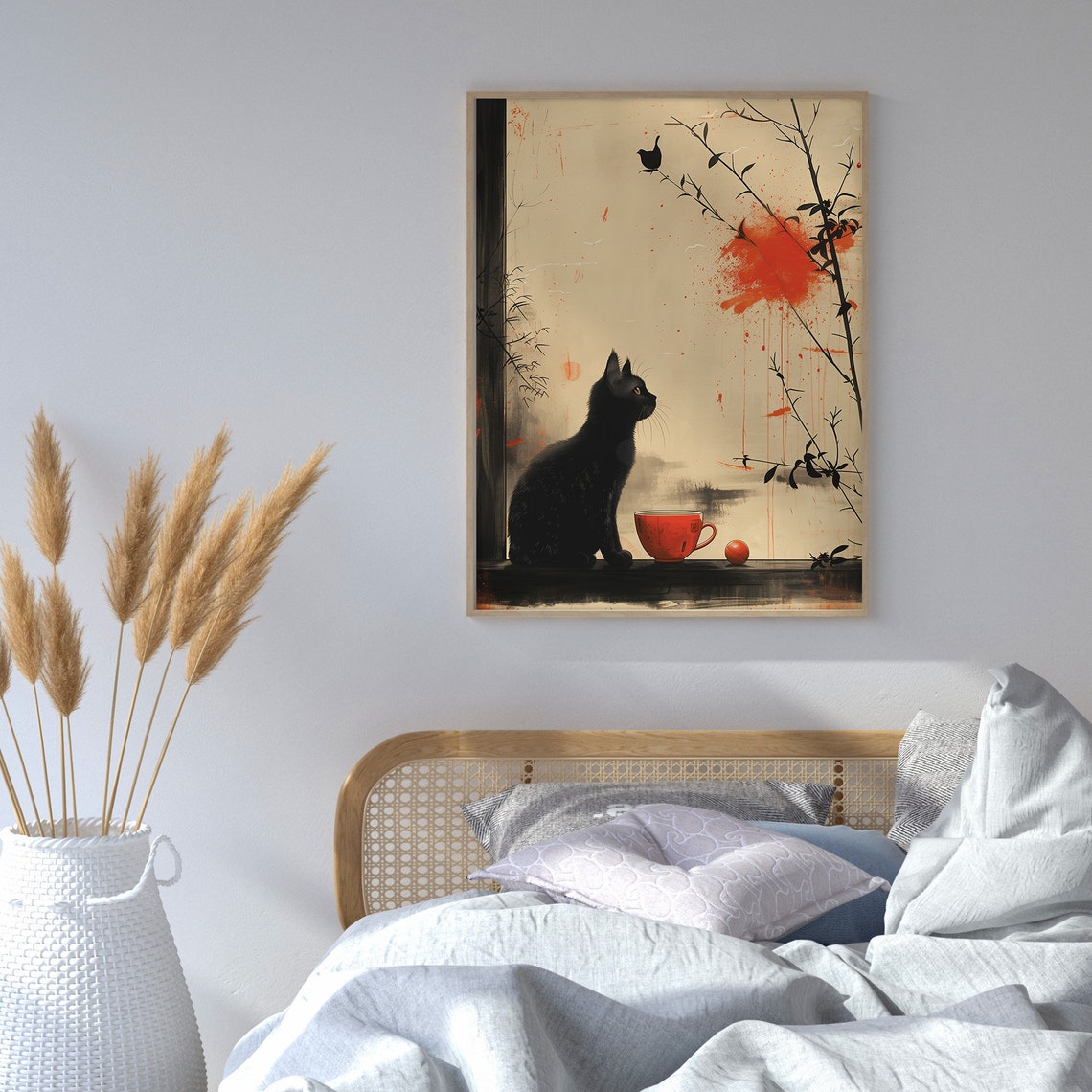 Black Cat Red Cup Ink Wash Bamboo Bird Minimal Asian Art Poster - Image 2