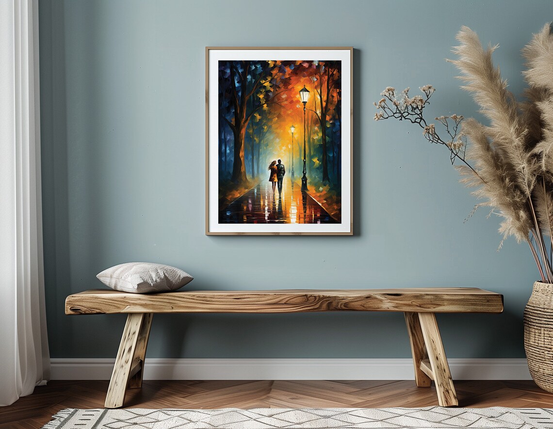 Romantic Couple Autumn Rainy Night Street Impressionist Oil Poster - Image 2
