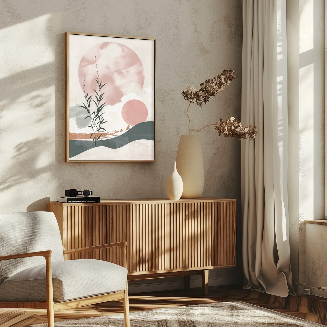 Blush Pink Sun Abstract Botanical Japandi Sunset Wall Poster - Image 2