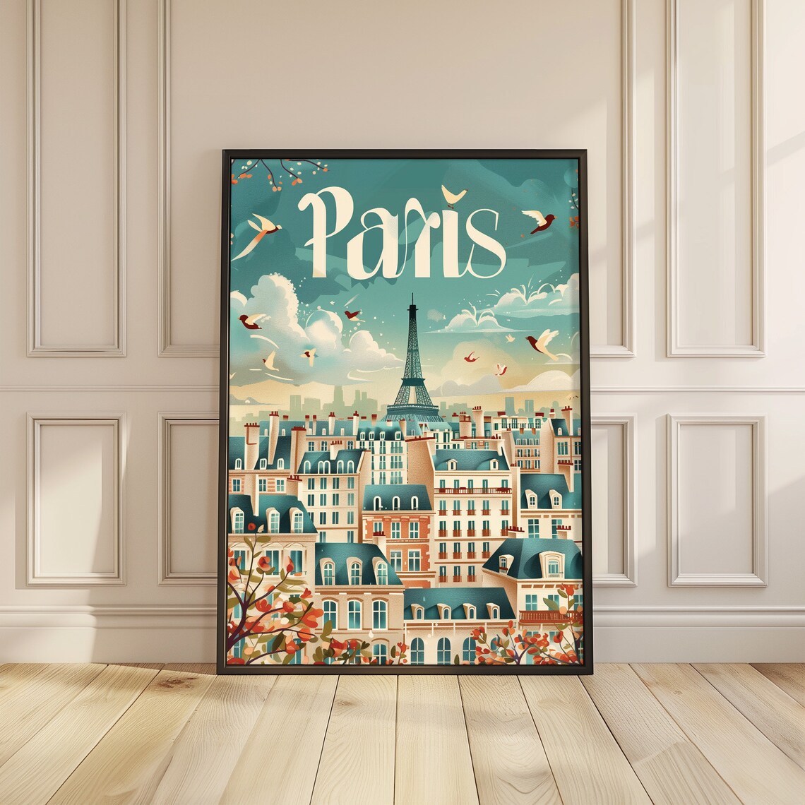Paris France Eiffel Tower Rooftops Birds Vintage Day Travel Poster
