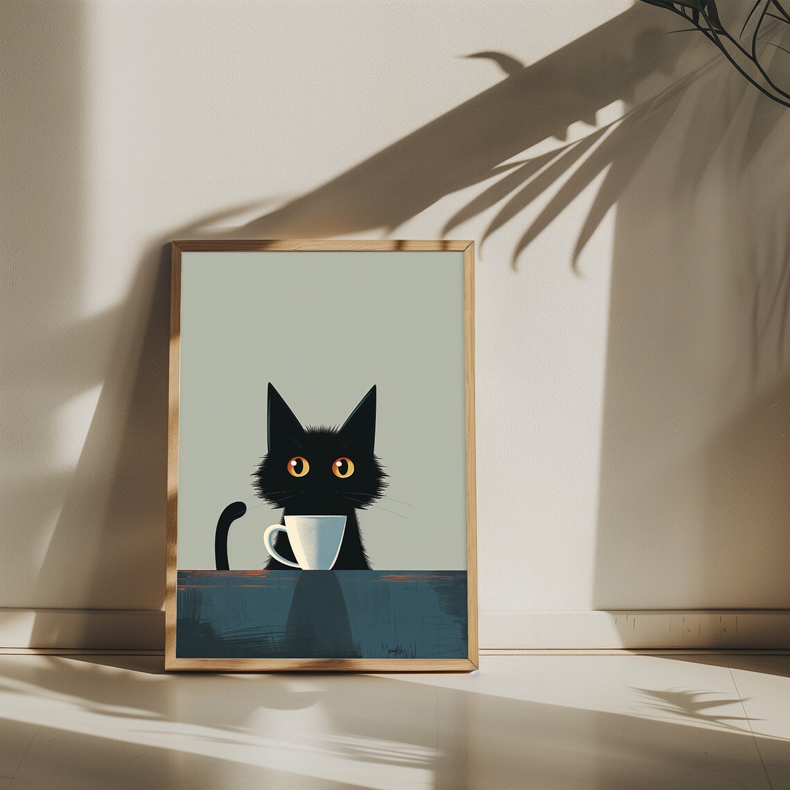 Black Cat Coffee Cup Minimalist Sage Funny Modern Cat Art Poster - Image 5