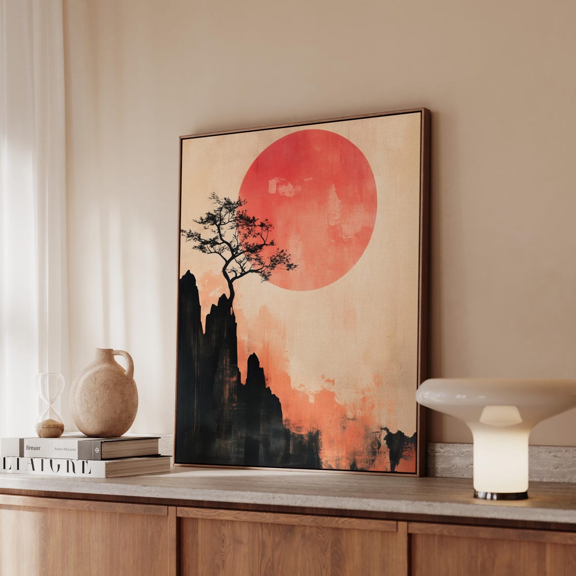 Minimalist Japandi Wall Art Red Sun Canvas Print Zen Tree Artwork Japanese Style Decor Asian Inspired Modern Boho