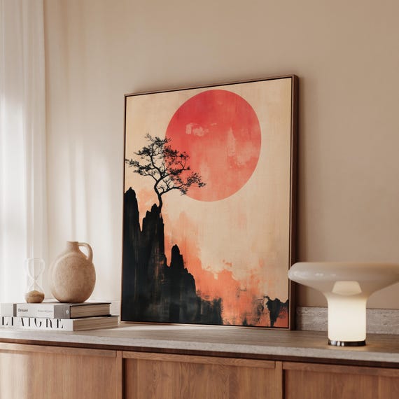 Minimalist Japandi Wall Art Red Sun Canvas Print Zen Tree Artwork Japanese Style Decor Asian Inspired Modern Boho