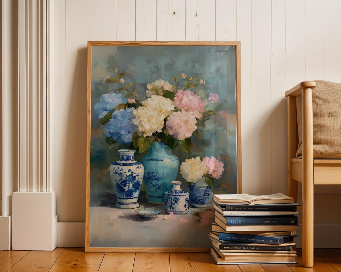 Chinoiserie Hydrangea Vases Blue White Floral Still Life Art Poster