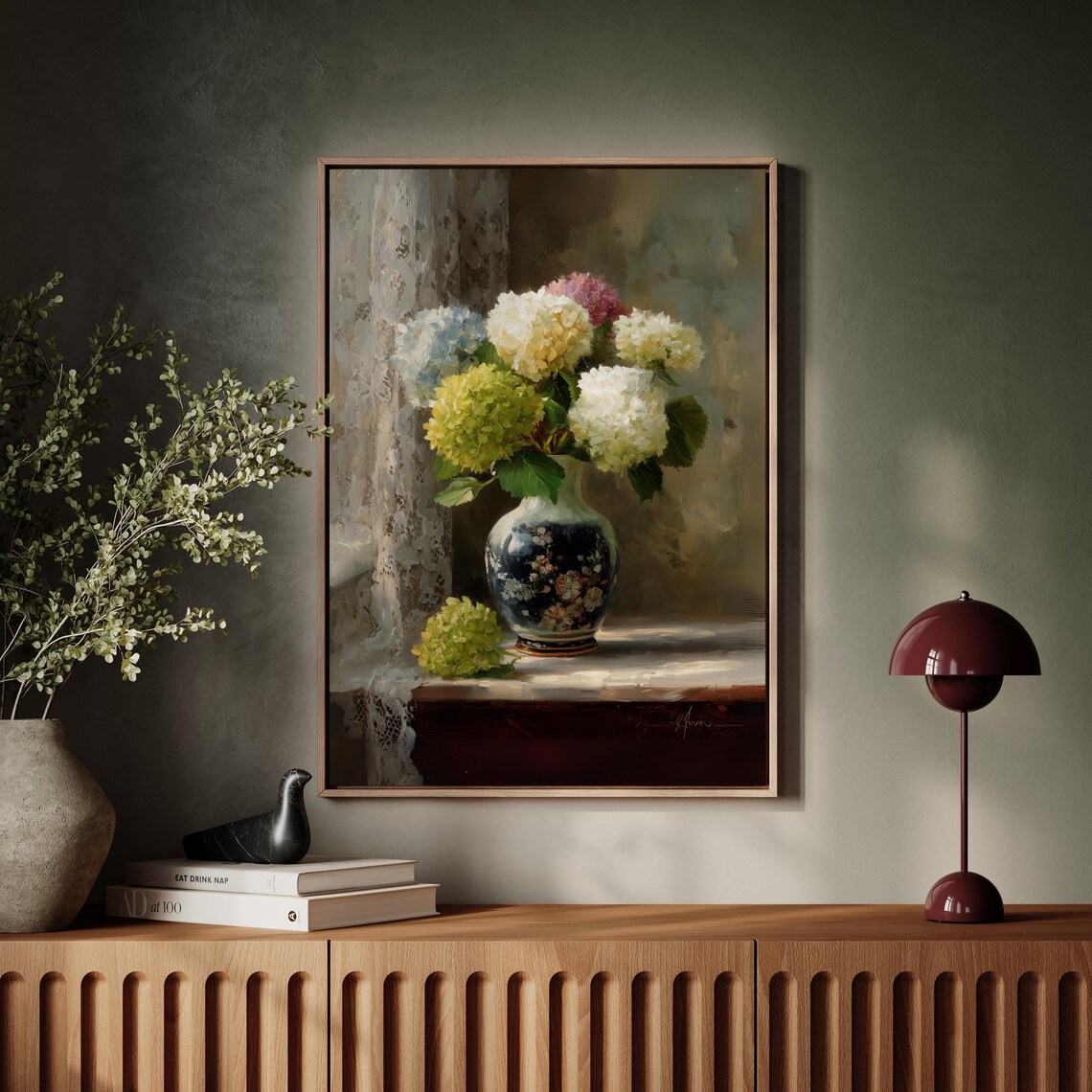 Hydrangeas In Chinoiserie Vase Moody Vintage Still Life Art Print