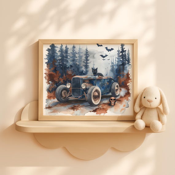 Halloween Car Art With Black Cat And Bats Spooky Forest Scene Vintage Hot Rod Wall Decor Autumn Watercolor Painting