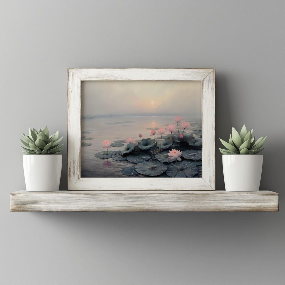 Calm Marsh With Pink Flowers And Broad Leaves Soft Pastel Nature Wall Art Botanical Decor Tranquil Water Scene