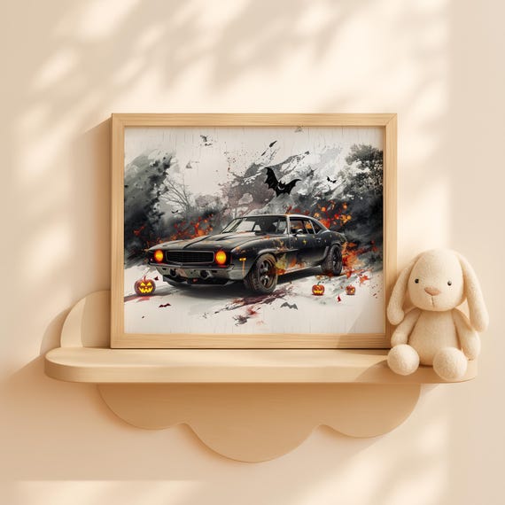 Halloween Muscle Car Wall Art Vampire Ride With Pumpkins Haunted Autumn Scene Spooky Decor Fall Print