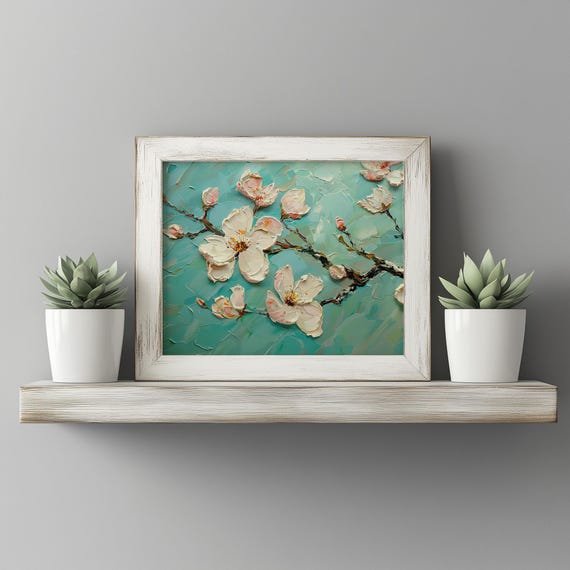 Almond Blossoms Against Turquoise Sky Spring Floral Wall Art Vintage Botanical Painting Pastel Nature Decor