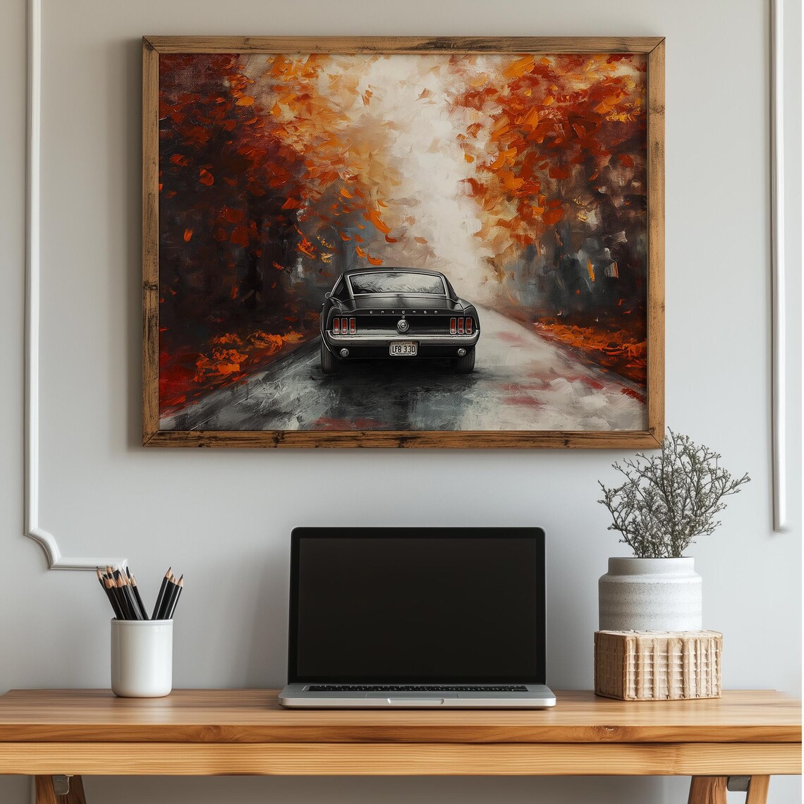 Black Classic Fastback Muscle Car Autumn Road Painting Poster