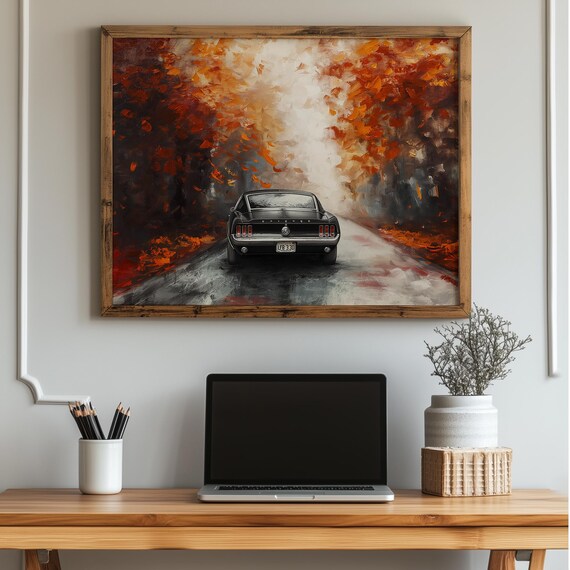 Vintage Fastback Wall Art Driving Through Misty Autumn Forest Moody Fall Road Decor Classic Retro Print