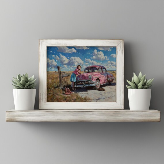 1950s Pink Classic Car Roadside Americana Oil Painting Poster Art