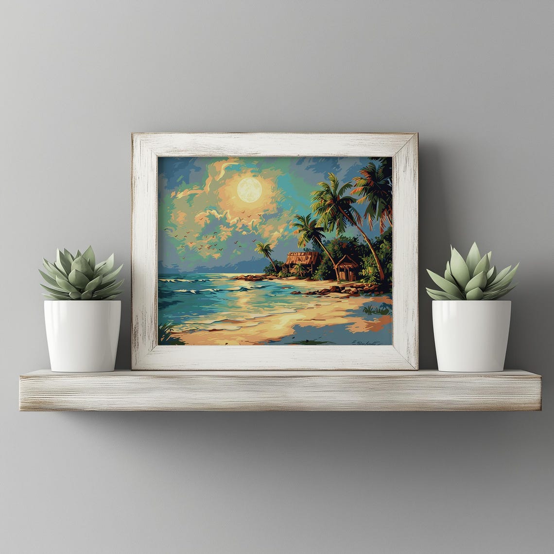 Tropical Beach Sunset Palm Trees Ocean Huts Island Art Poster