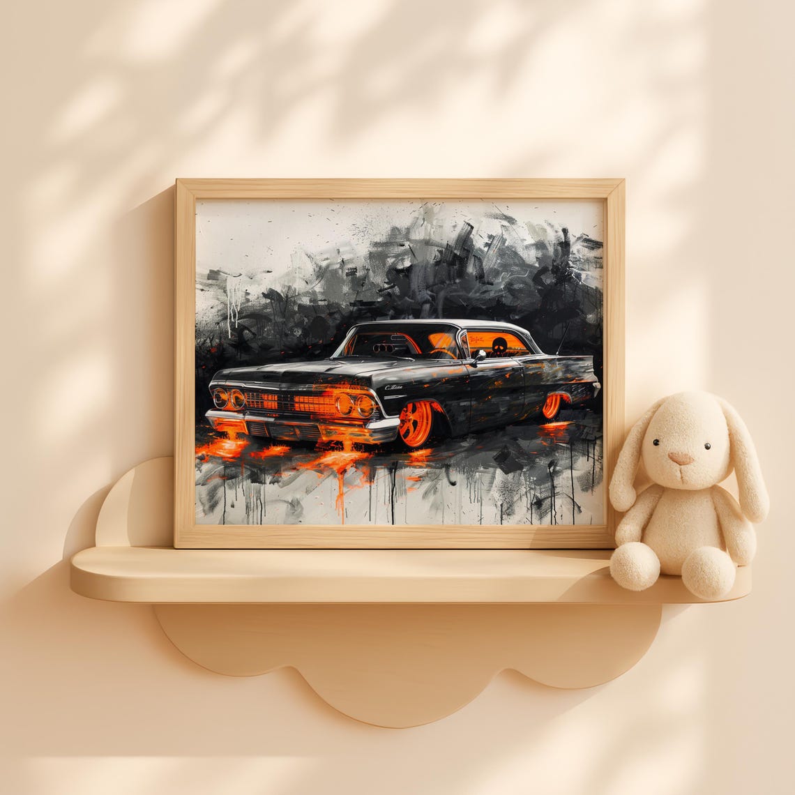 Halloween Skeleton Rider Flaming Lowrider Spooky Car Art Poster