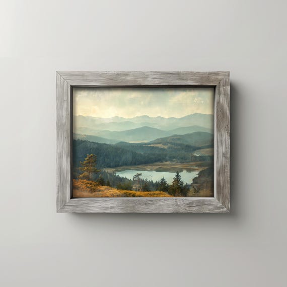 Layered Bluegrey Mountains With Lake Earthy Vintage Landscape Painting Mountain Scene Wall Art Cottage Fall Decor
