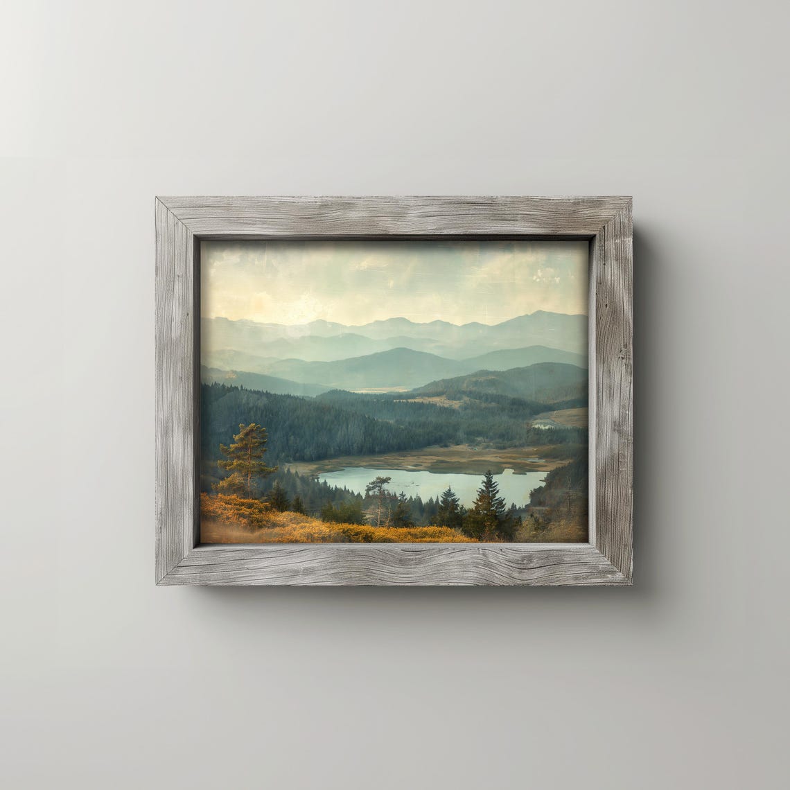 Layered Blue Grey Mountains with Lake Vintage Landscape Art Poster