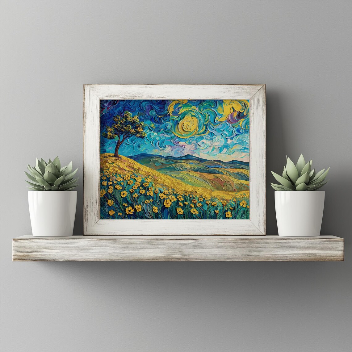 Starry Night Swirling Sky Golden Wildflower Hill Oil Painting Poster