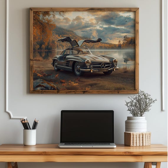 Vintage Gullwing Wall Art Classic Auto By Autumn Lake Retro Scenic Fall Decor Print
