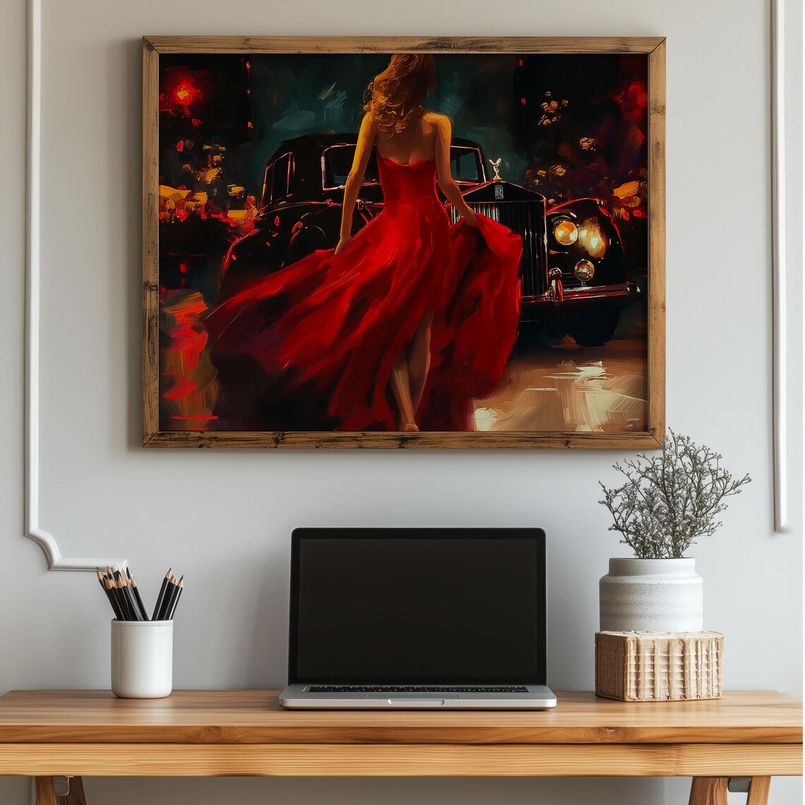 Woman In Red Gown With Classic Rolls-Royce City Night Art Poster