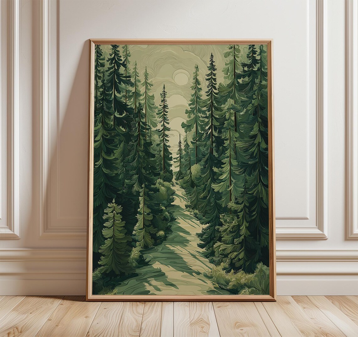 Tall Pine Forest Path Sunlight Green Woodland Nature Illustration Poster