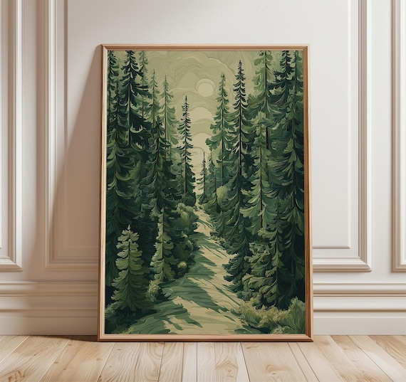 Tall Pine Forest Path Sunlight Green Woodland Nature Illustration Poster