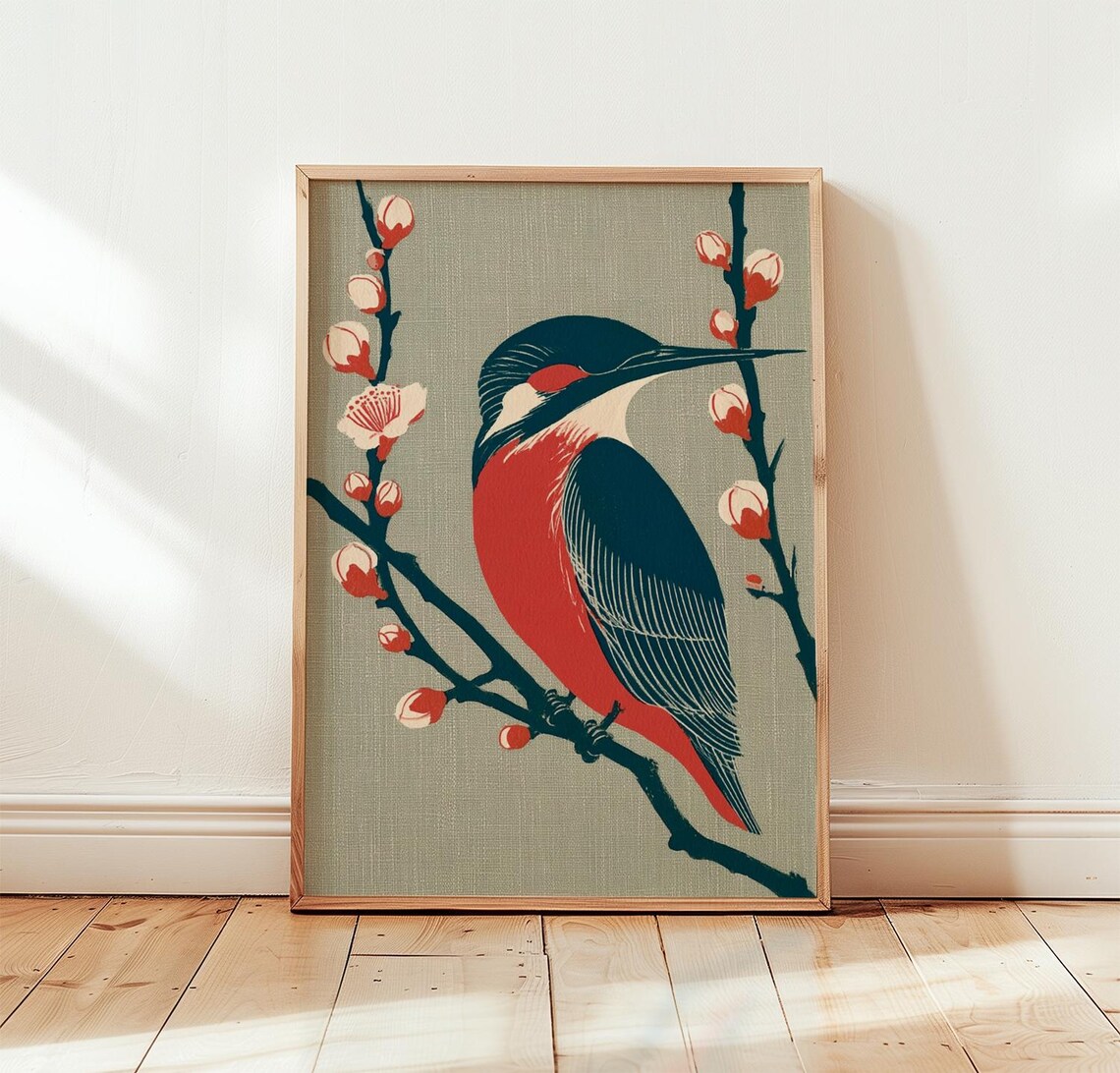 Kingfisher Perched On Blossom Branch Japanese Style Art Poster