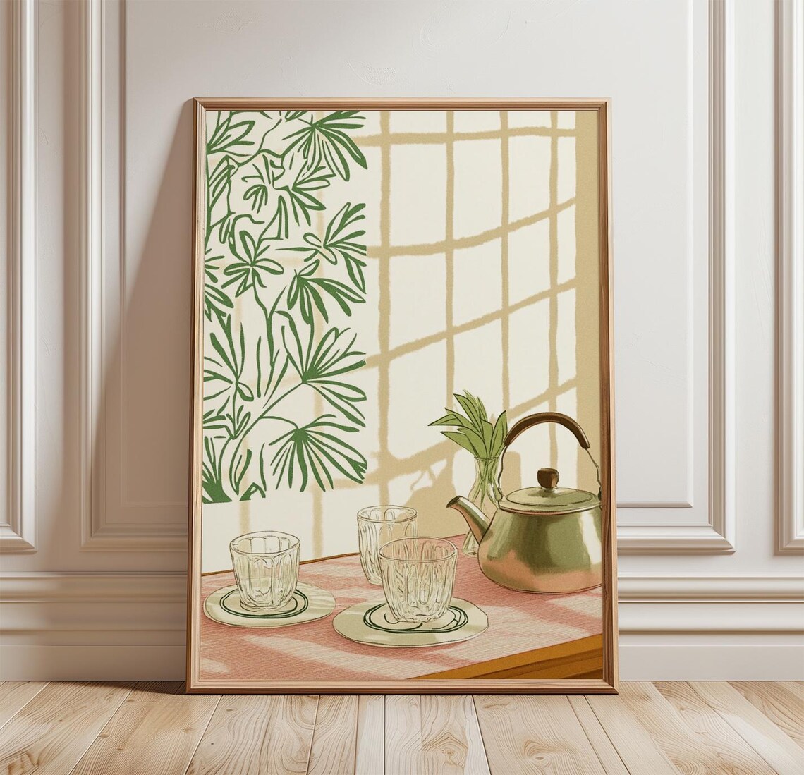 Japanese Tea Room Zen Interior Teapot Cups Shoji Shadow Green Poster