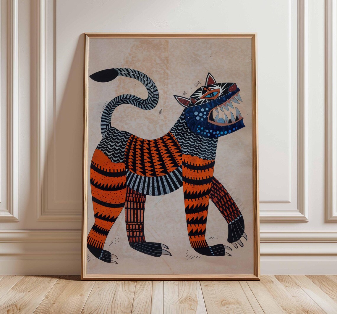 Folk Art Roaring Tiger Tribal Jungle Cat Illustration Poster