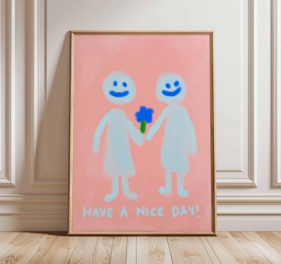 Cute Minimalist Smiley Face Poster Pink And Blue Positive Quote Wall Art Whimsical Friendship Print Playful Happy Home Decor