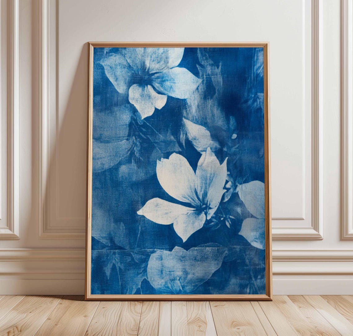 Blue Cyanotype White Floral Botanical Abstract Flower Poster