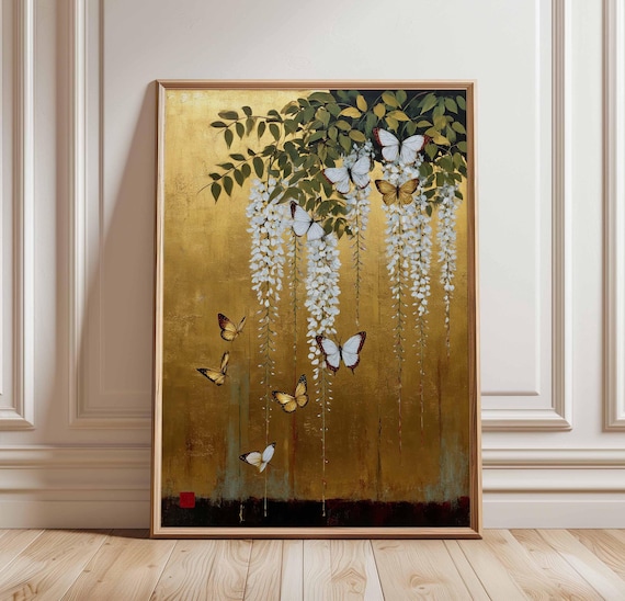 Japanese Floral Gold Poster, Wisteria And Butterfly