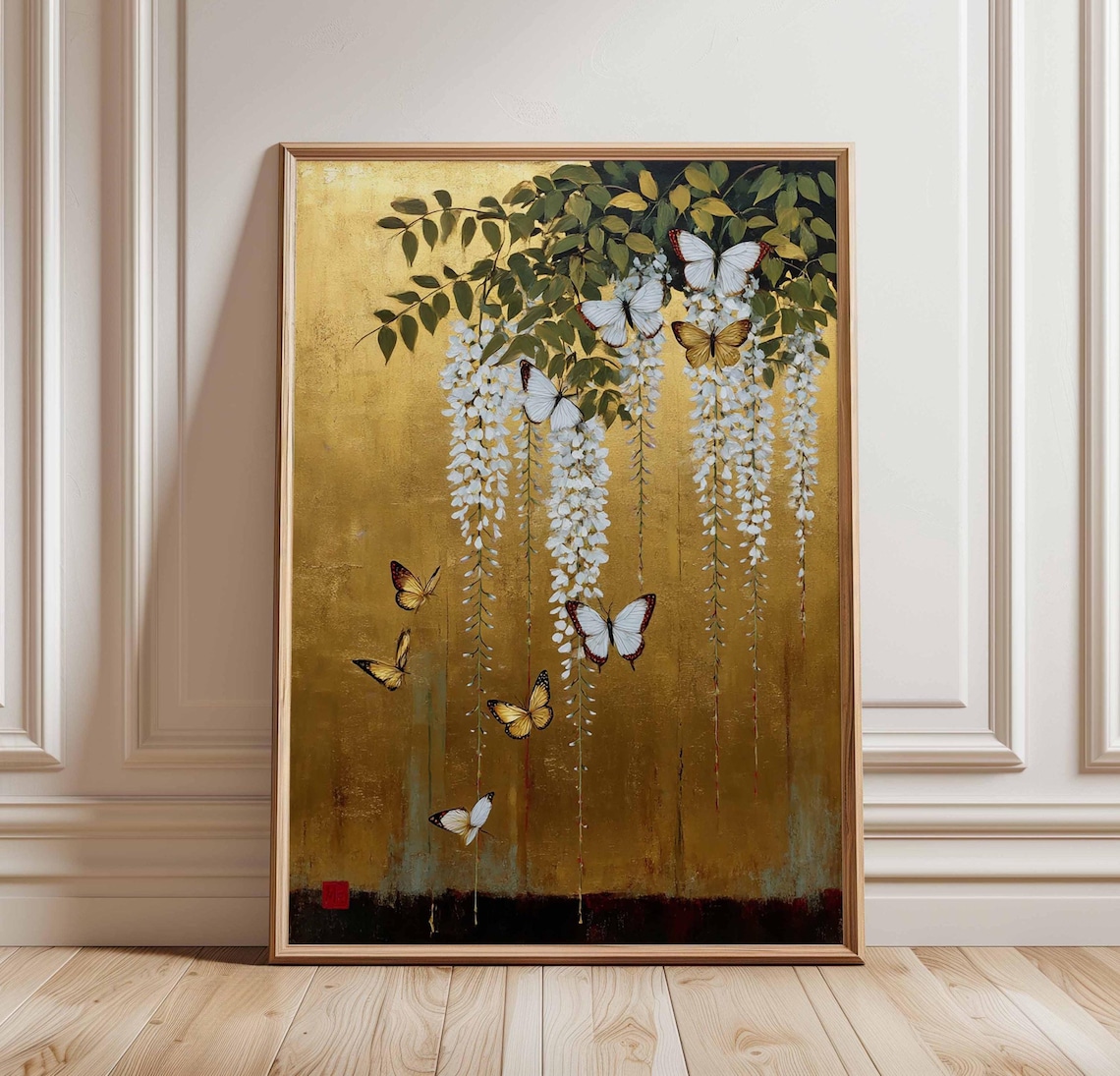 Japanese Floral Gold Poster, Wisteria And Butterfly