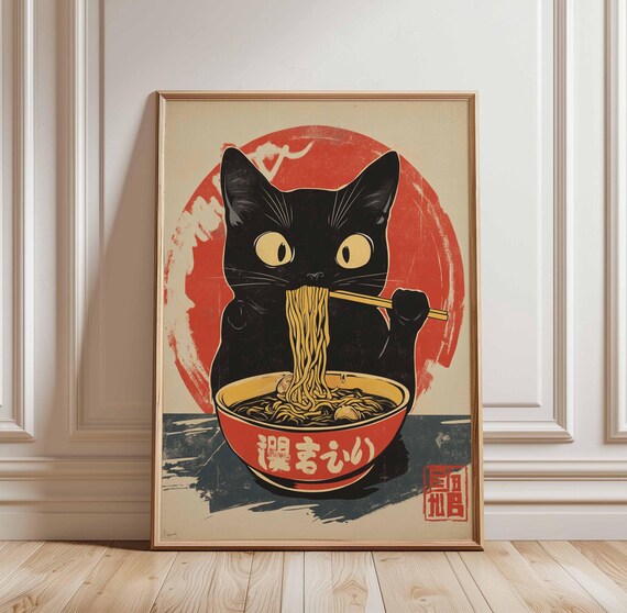 Black Cat with Chopsticks Slurping Ramen Red Sun Vintage Japanese Poster
