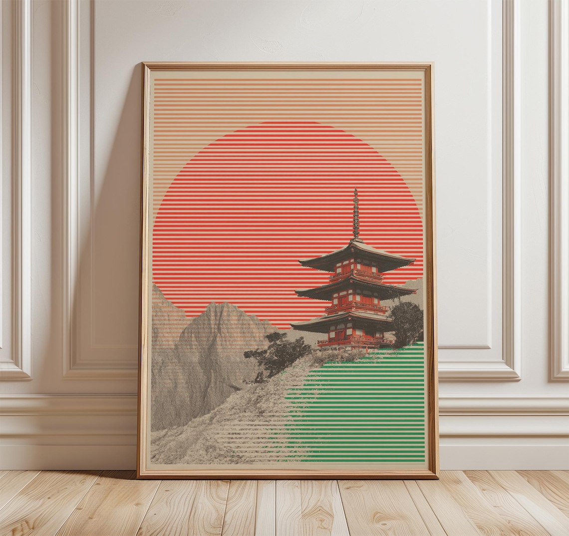 Japan Pagoda Vintage Travel Poster, Mount Fuji Landscape