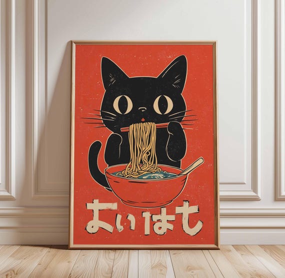 Black Cat Ramen Poster Cute Noodle Art Kawaii Print Japanese Food Eating Asian Wall Fun Kitchen Decor