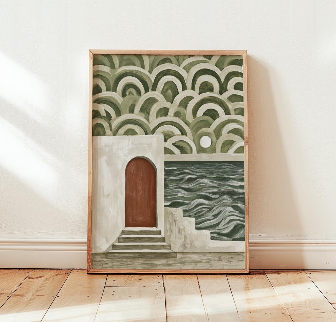 Mediterranean Green Coastal House Door Stairs Sea View Poster
