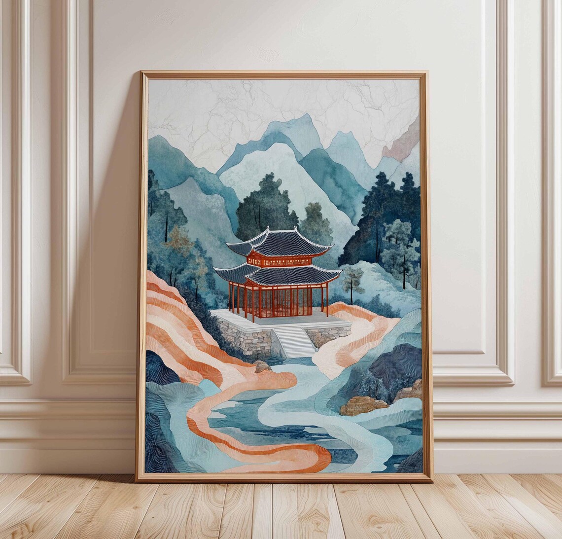 Chinese Pagoda Mountain River Watercolor Landscape Art Poster