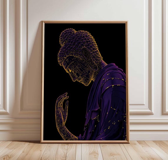 Buddha Art Poster Illustration With Golden And Purple Lights Modern Spiritual Wall Minimalist Zen Decor Print
