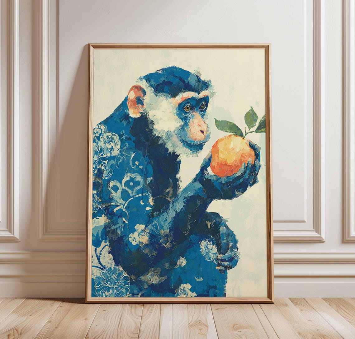 Blue Monkey Holding Peach Poster Tropical Botanical Jungle Decor