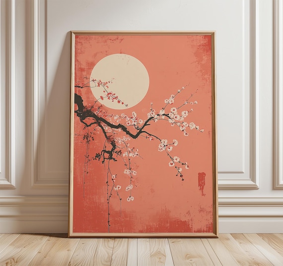 Cherry Blossom Moon Poster Japanese Floral Minimalist Art Peach And Cream Print