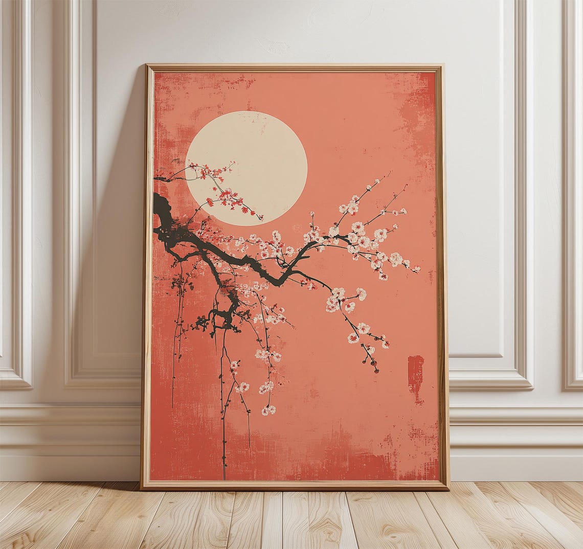 Cherry Blossom Moon Poster Japanese Floral Minimalist Art Peach And Cream Print