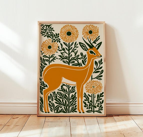 Gazelle Botanical Poster Folk Art Animal Print Nature Wall