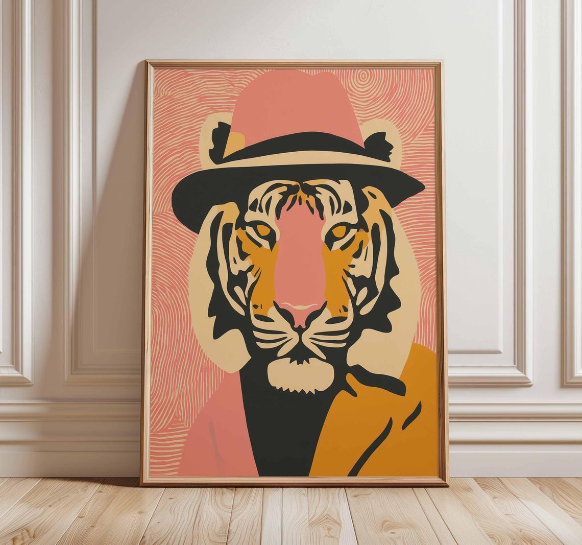 Tiger In Hat Poster Modern Animal Art Print Quirky Jungle Wall Decor Bold Graphic Artwork Unframed Cool Cat Illustration