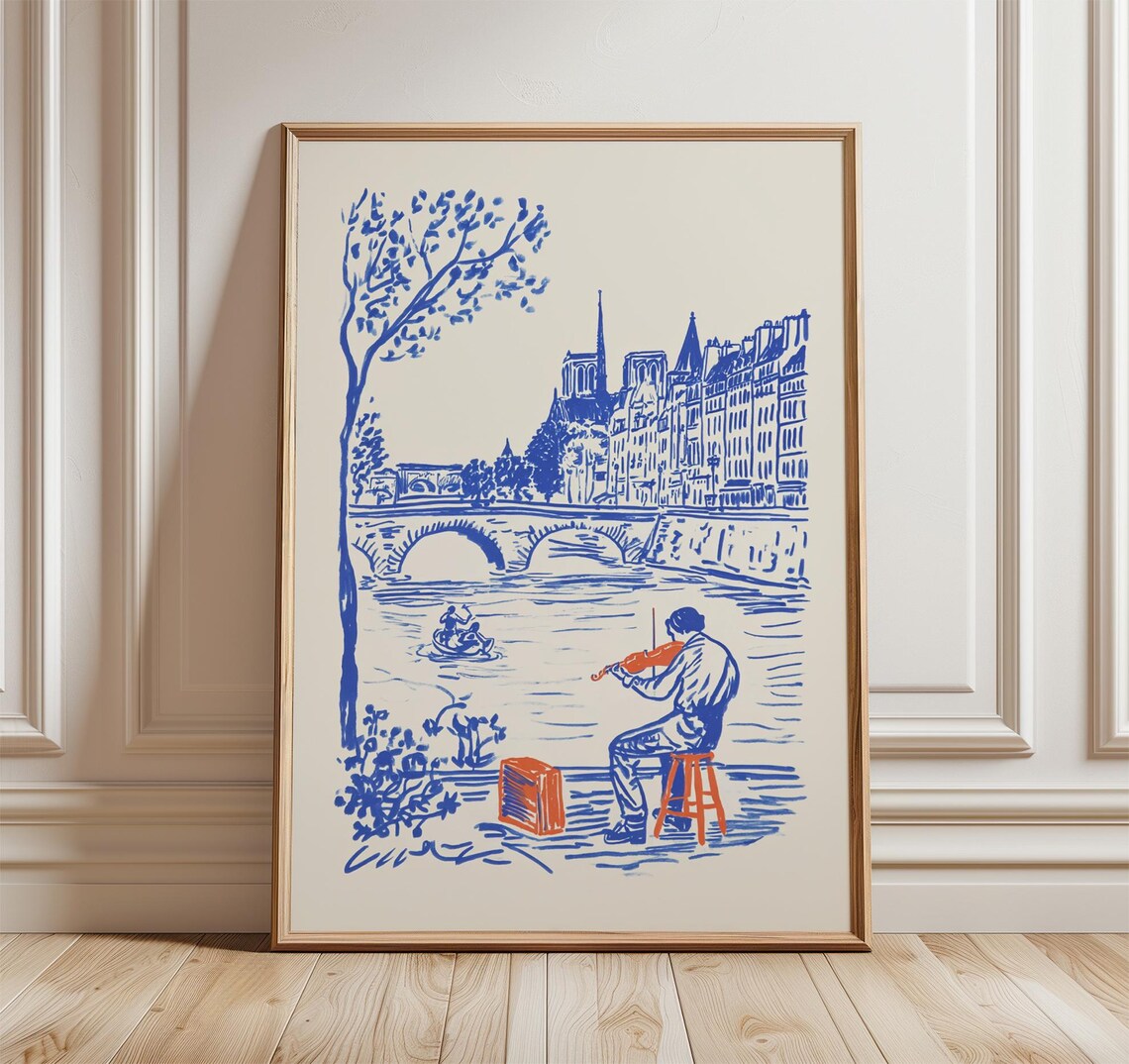 Blue Line Sketch of Notre Dame and Violinist on the Seine Poster