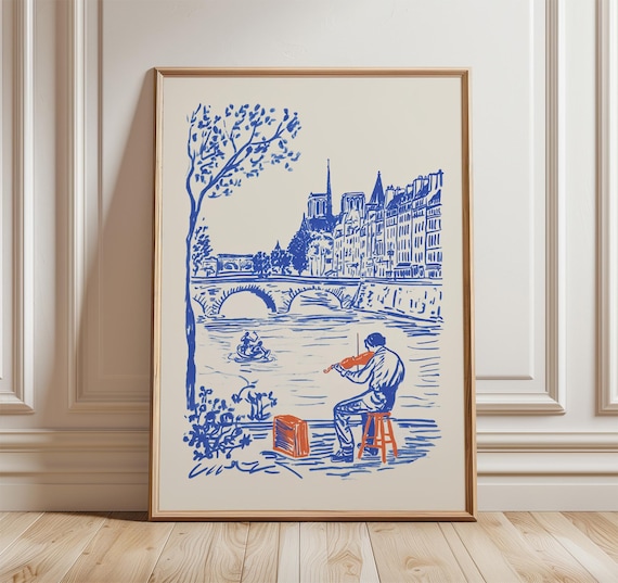 Blue Line Sketch of Notre Dame and Violinist on the Seine Poster