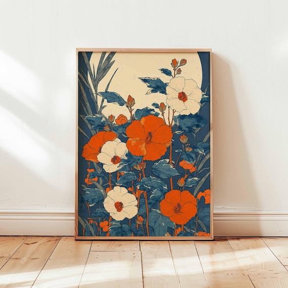 Bold Botanical Wall Art Japanese Orange Hibiscus Print Tropical Floral Poster Modern Nature Illustration For Instant