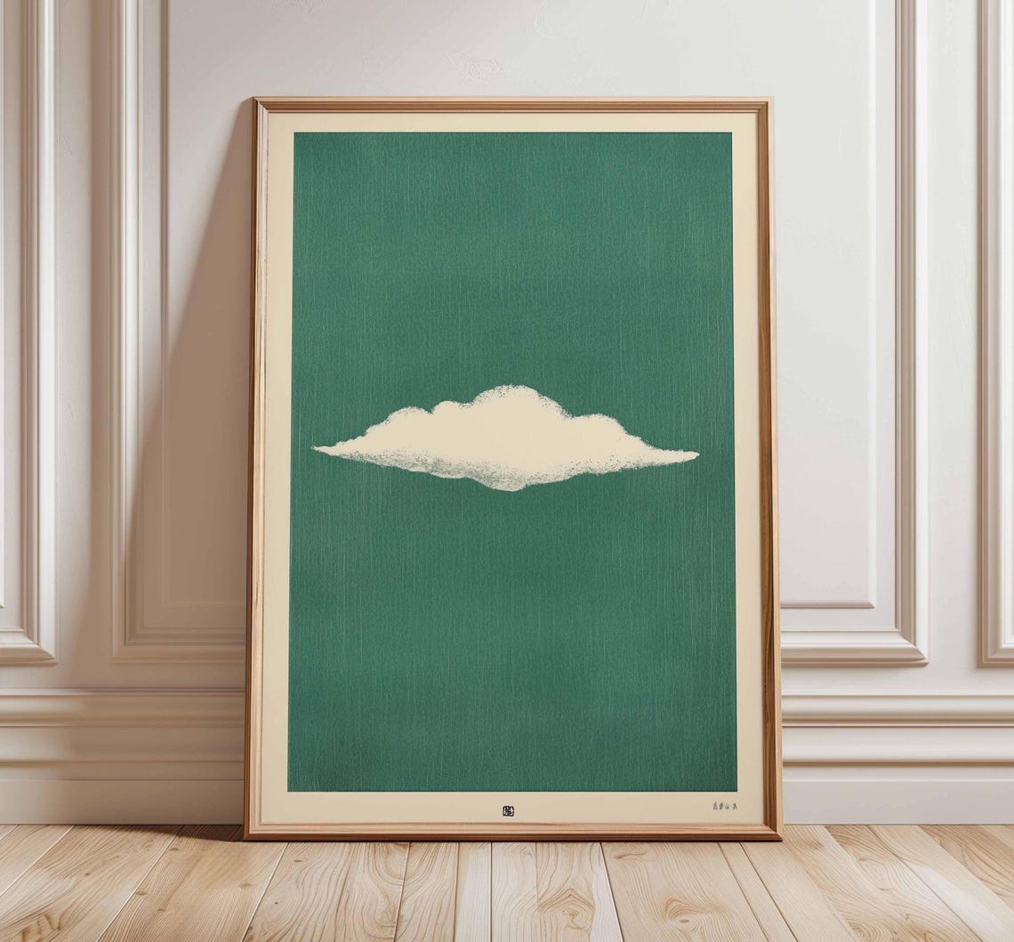 Minimalist White Cloud Over Green Sky Japanese Style Art Print