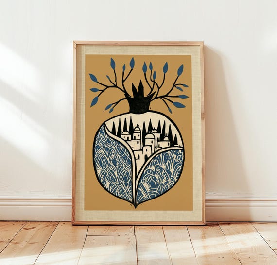 Pomegranate City Print Navy Folk Wall Art Block Poster