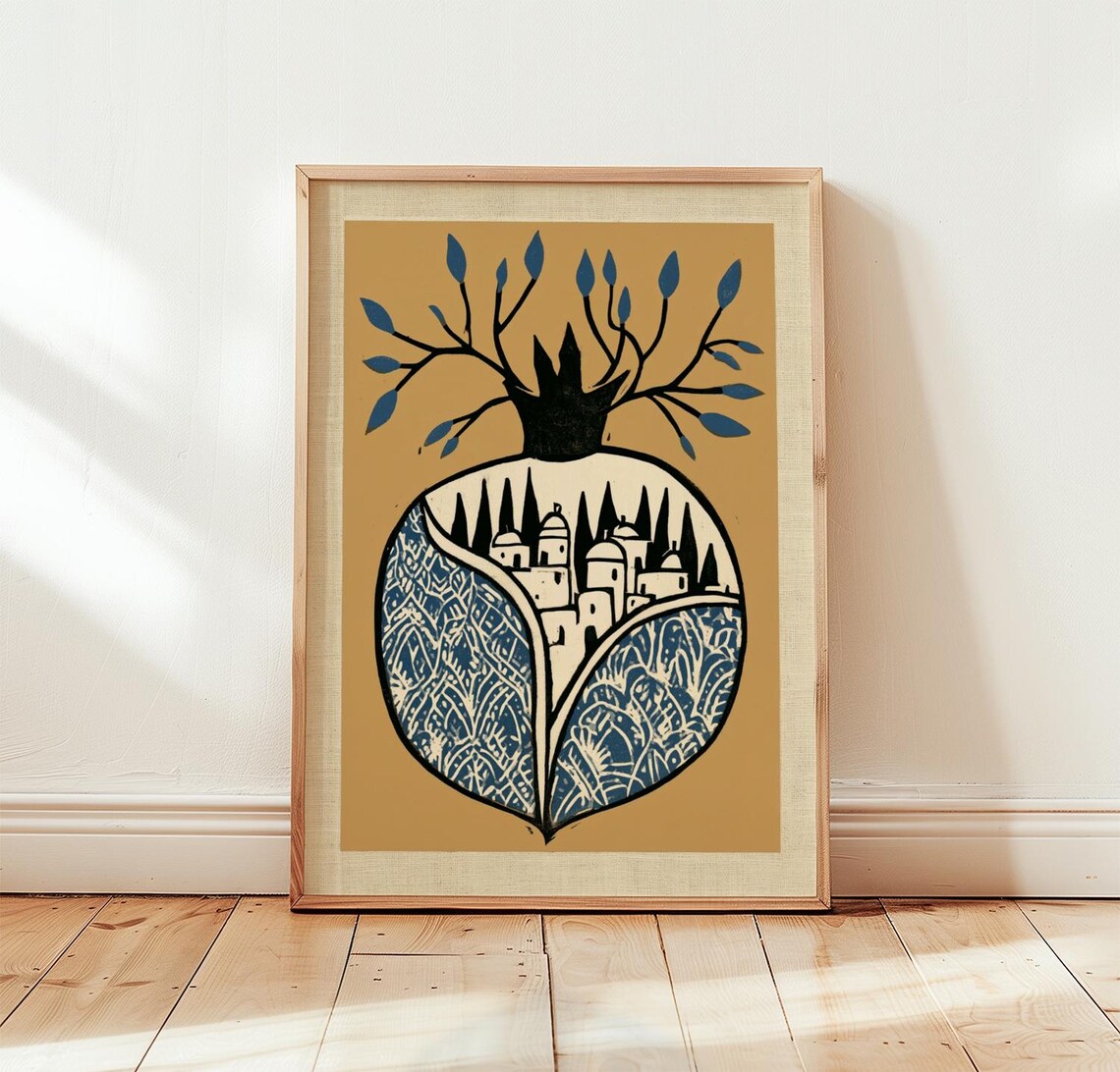 Pomegranate City Folk Art Navy Blue Gold Boho Folk Block Print